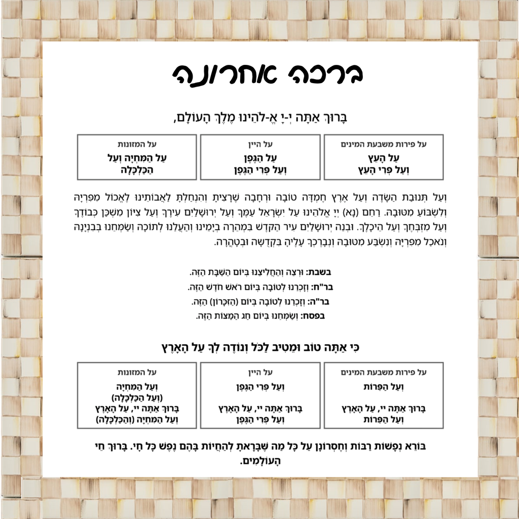 Al Hamichya Sign – Mocha Check After-Meal Blessing (Canvas, Acrylic, Aluminum) – Jewish Kitchen Decor