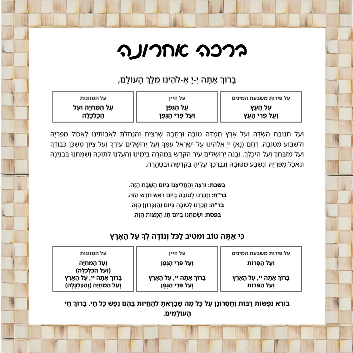 Al Hamichya Sign – Mocha Check After-Meal Blessing (Canvas, Acrylic, Aluminum) – Jewish Kitchen Decor