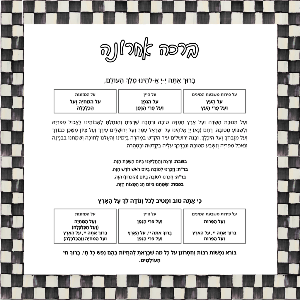 Al Hamichya Sign – Courtly Check After-Meal Blessing (Canvas, Acrylic, Aluminum) – Jewish Dining Room Decor
