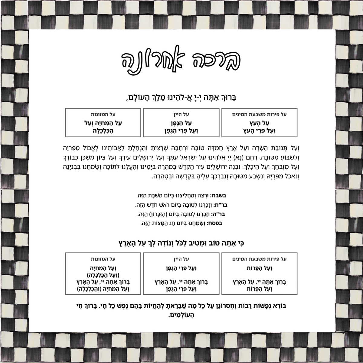 Al Hamichya Sign – Courtly Check After-Meal Blessing (Canvas, Acrylic, Aluminum) – Jewish Dining Room Decor