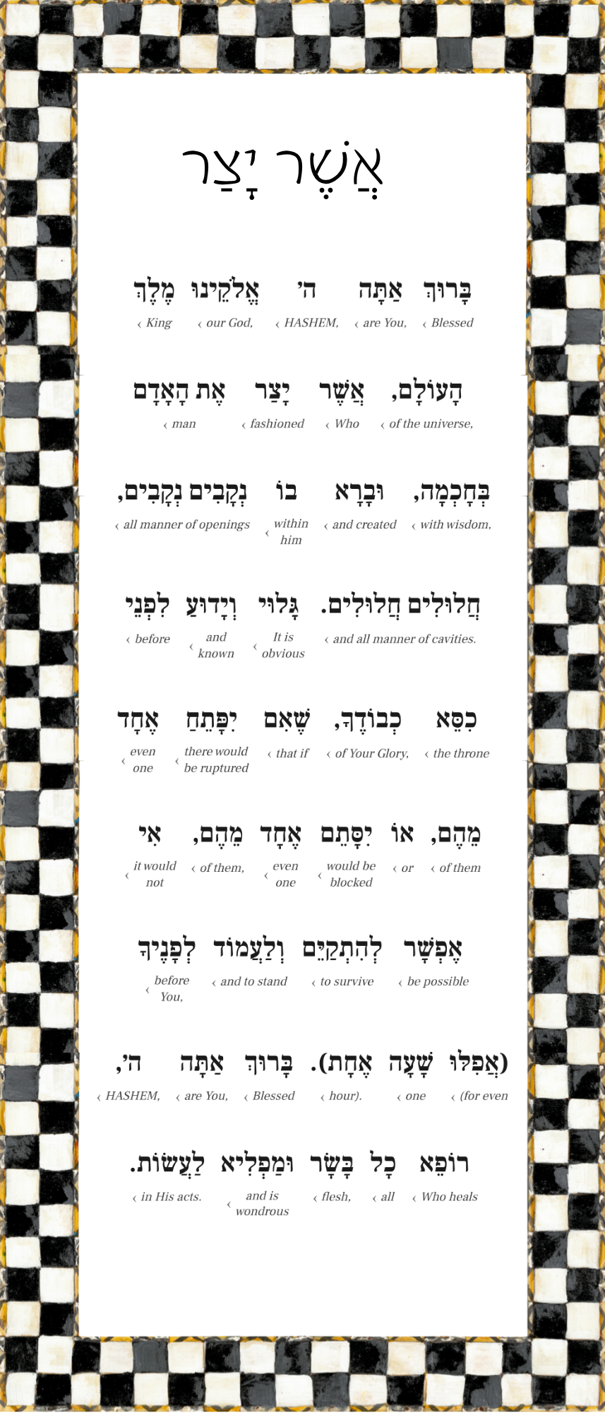Asher Yatzar Sign – Courtly Check Bathroom Blessing Plaque (Acrylic, Aluminum) – Modern Jewish Home Decor