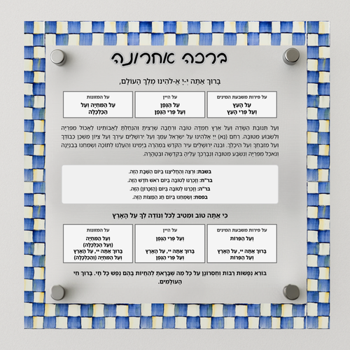 Al Hamichya Sign – Royal Check After-Meal Blessing (Canvas, Acrylic, Aluminum) – Jewish Dining Room Decor