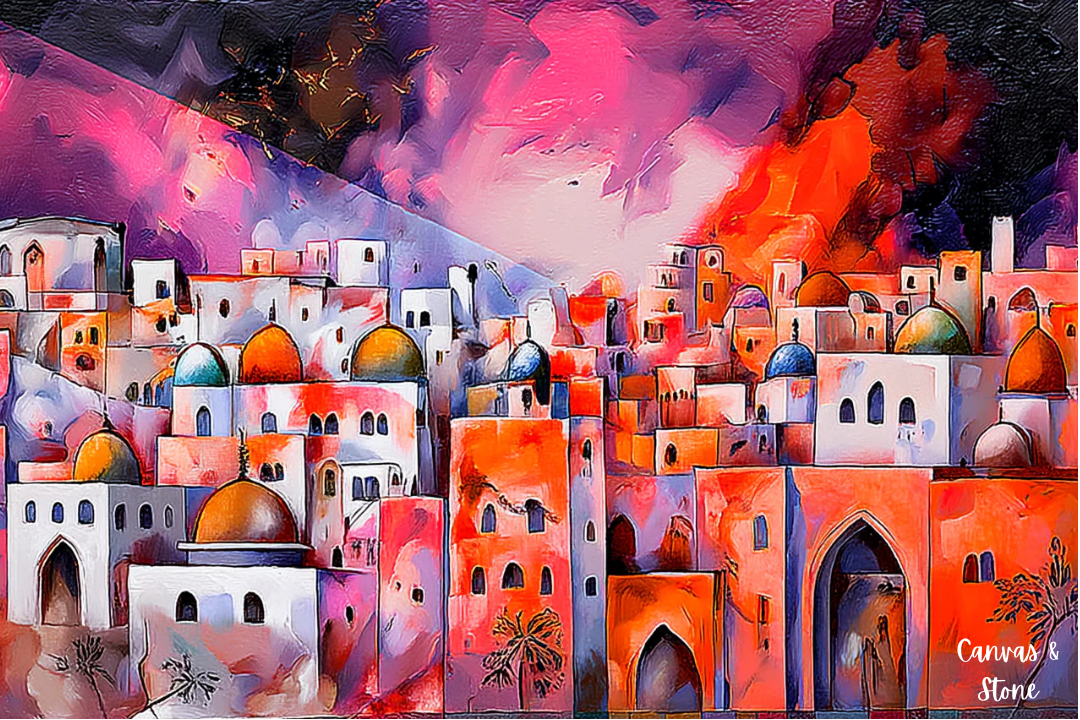 Geometric Jewish Art Jerusalem Landscape– Modern Abstract Design (Canvas, Acrylic, Aluminum) – Contemporary Jewish Home Decor