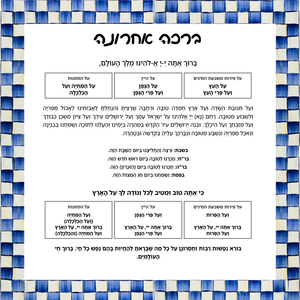 Al Hamichya Sign – Royal Check After-Meal Blessing (Canvas, Acrylic, Aluminum) – Jewish Dining Room Decor