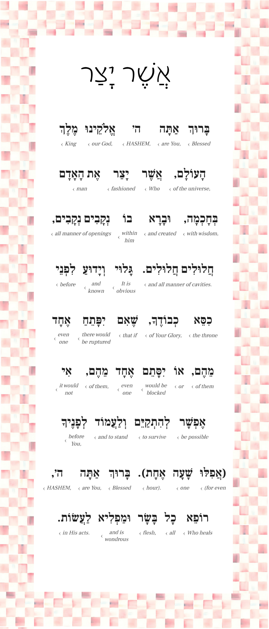 Asher Yatzar Sign – Rosy Check Bathroom Blessing Plaque (Acrylic, Aluminum) – Modern Jewish Home Decor
