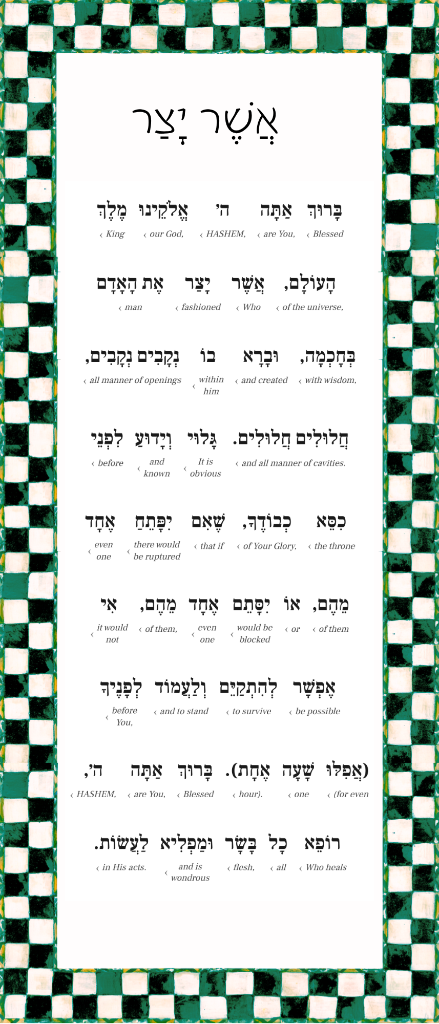 Asher Yatzar Sign – Emerald Check Bathroom Blessing Plaque (Acrylic, Aluminum) – Modern Jewish Home Decor