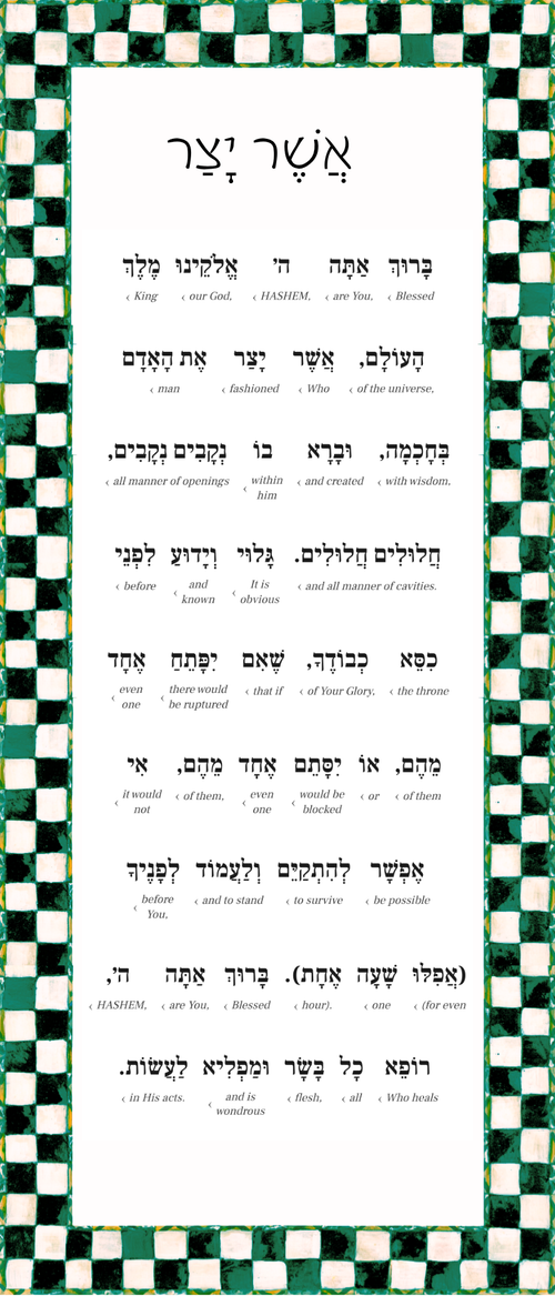 Asher Yatzar Sign – Emerald Check Bathroom Blessing Plaque (Acrylic, Aluminum) – Modern Jewish Home Decor