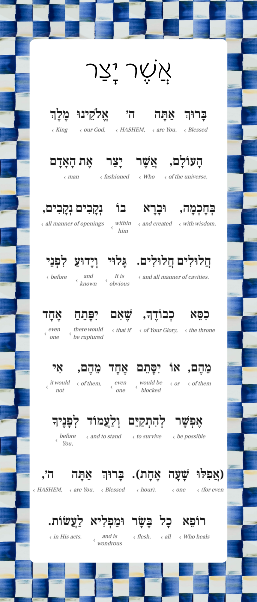 Asher Yatzar Sign – Royal Check Bathroom Blessing Plaque (Acrylic, Aluminum) – Modern Jewish Home Decor