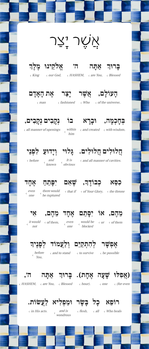 Asher Yatzar Sign – Royal Check Bathroom Blessing Plaque (Acrylic, Aluminum) – Modern Jewish Home Decor