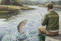 Jewish man fishing by river in green jacket with Hebrew text, fish jumping in splash.