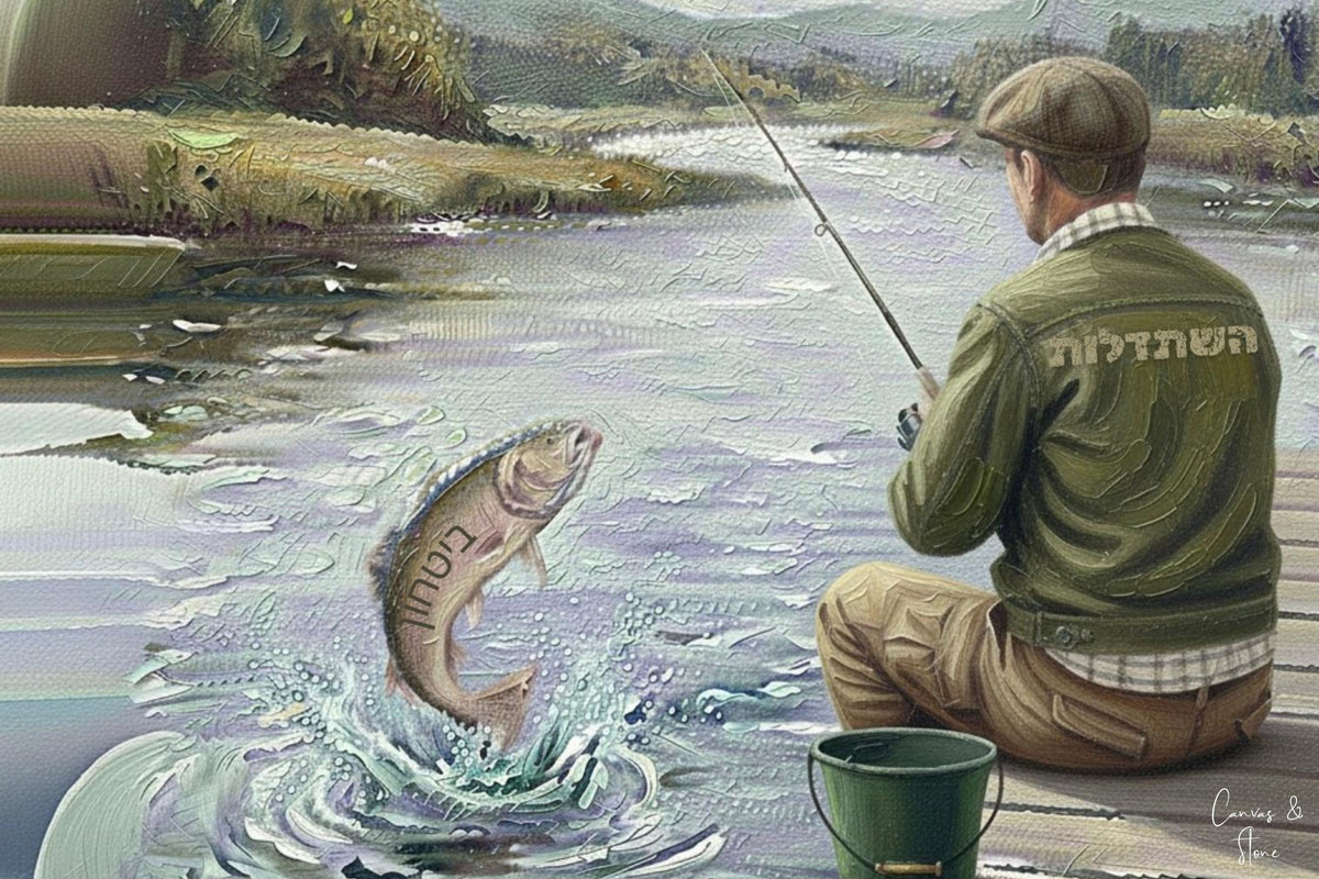 Jewish man fishing by river in green jacket with Hebrew text, fish jumping in splash.