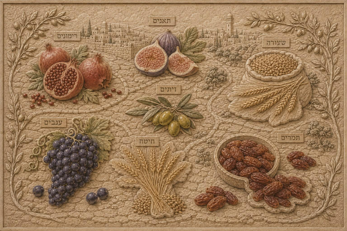 Shivas Haminim clay relief artwork featuring the Seven Species of Israel